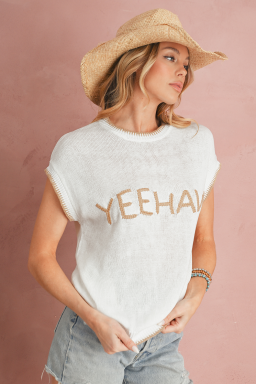 White YEEHAW Contrast Stitch Edge Knit Top