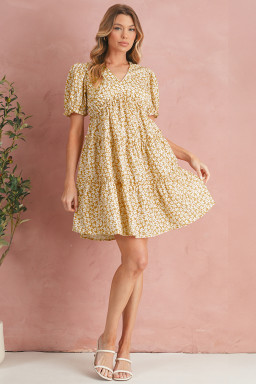 Yellow Floral Short Sleeve V Neck Frill Tiered Mini Dress