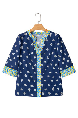 Blue Floral Print Pop of Color V Neck Patchwork Blouse