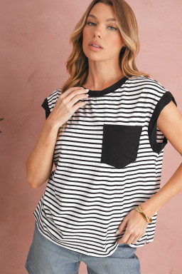 Black Stripe Chest Pocket Patch Round Neck Sleeveless Tee
