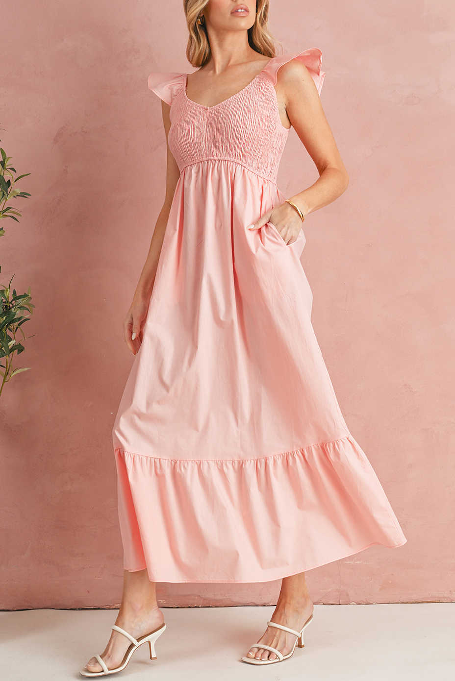 Apricot Pink V Neck Flutter Sleeve Smocked Bodice High Waist Ruffle Maxi Dress