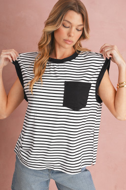 Black Stripe Chest Pocket Patch Round Neck Sleeveless Tee