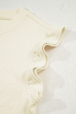 White Plain Bow Jacquard Ruffle Sleeve Shorts Set