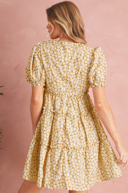 Yellow Floral Short Sleeve V Neck Frill Tiered Mini Dress