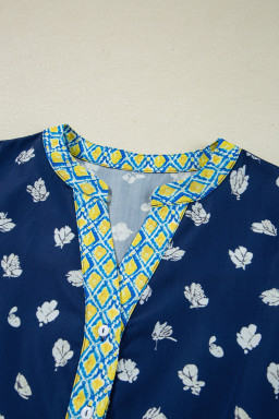 Blue Floral Print Pop of Color V Neck Patchwork Blouse