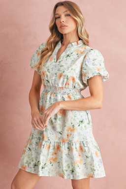 Beige Floral Print Smocked High Waist Puff Sleeve Mini Dress