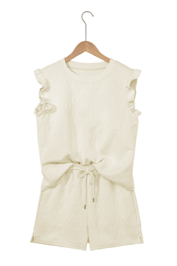White Plain Bow Jacquard Ruffle Sleeve Shorts Set