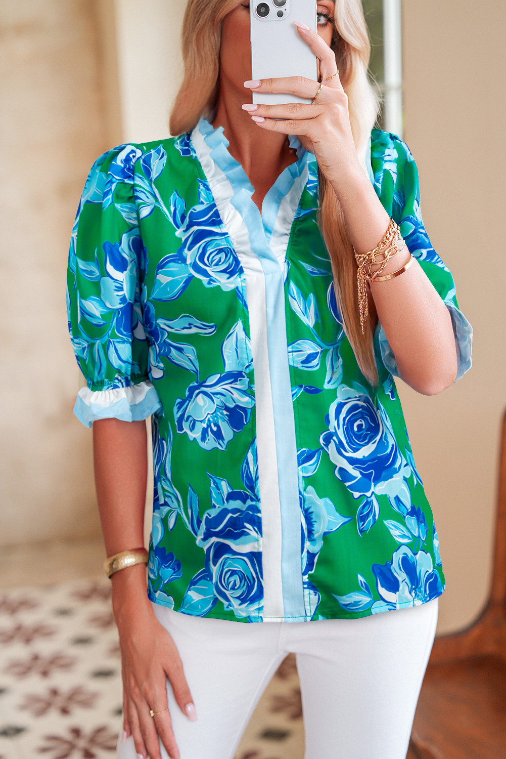 Bright Green Floral Print Ruffle Puff Sleeve Pop of Color Neckline Blouse