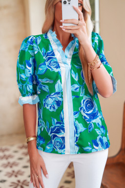 Bright Green Floral Print Ruffle Puff Sleeve Pop of Color Neckline Blouse