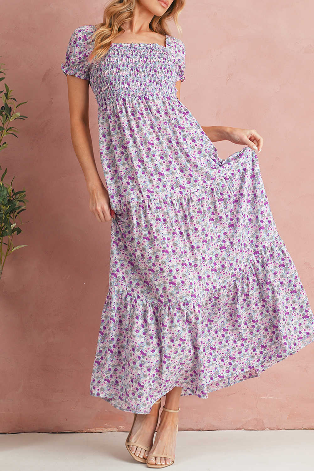 Vestit maxi de cintura alta amb màniga de bombolla curta floral morat