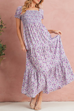 Purple Floral Short Bubble Sleeve Smocked High Waist Maxi Dress
