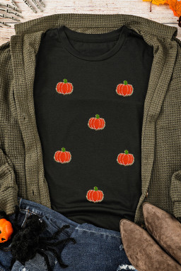 Black Chenille Pumpkin Patch Application Casual Cotton Blend T Shirt