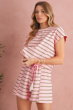 Pink Striped Crewneck Tee and Drawstring Shorts Set