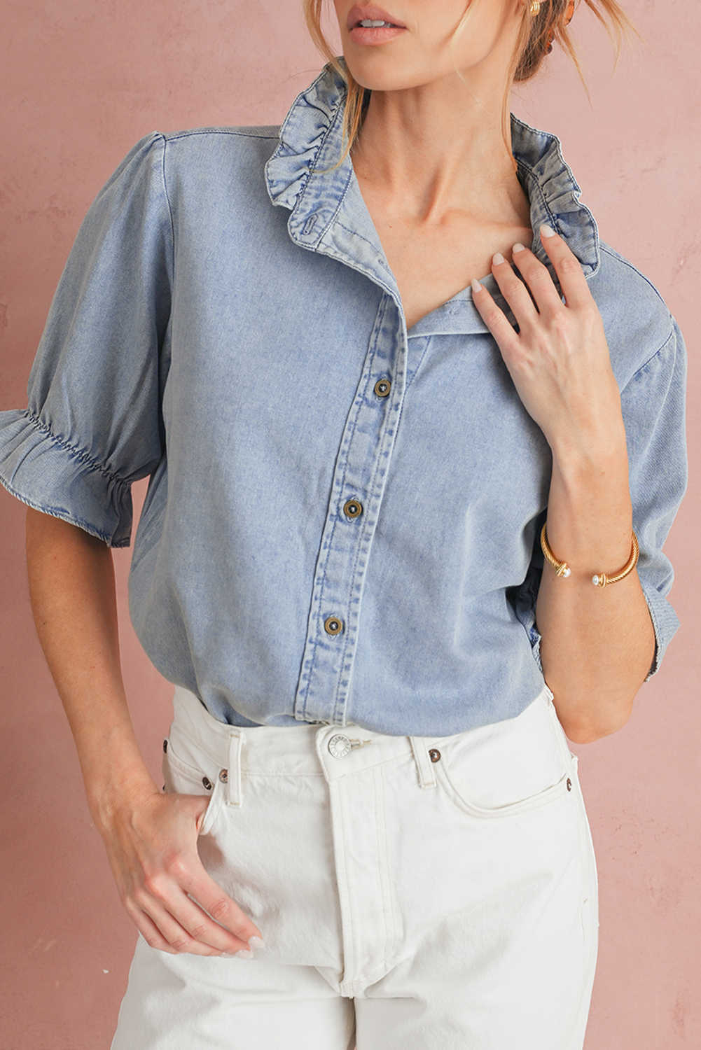 Beau Blue Frill Puff Sleeve Summer Chambray Shirt