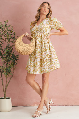 Yellow Floral Short Sleeve V Neck Frill Tiered Mini Dress