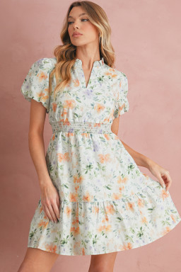 Beige Floral Print Smocked High Waist Puff Sleeve Mini Dress