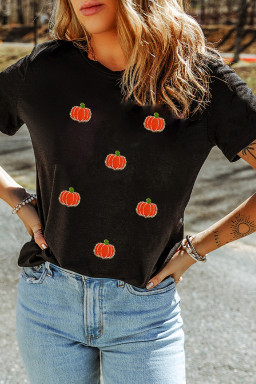 Black Chenille Pumpkin Patch Application Casual Cotton Blend T Shirt