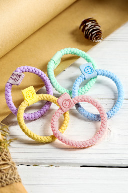 Pink 5Pcs Smile Face Tab Braided Hair Tie Set