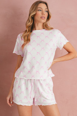 Pink Bowknot Print Lettuce Trim Two Piece Pajama Set