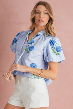 Sky Blue Floral Print Tie V-Neck Short Sleeve Blouse