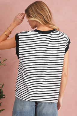 Black Stripe Chest Pocket Patch Round Neck Sleeveless Tee