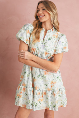 Beige Floral Print Smocked High Waist Puff Sleeve Mini Dress