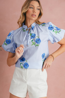 Sky Blue Floral Print Tie V-Neck Short Sleeve Blouse