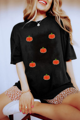 Black Chenille Pumpkin Patch Application Casual Cotton Blend T Shirt