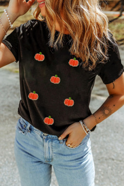 Black Chenille Pumpkin Patch Application Casual Cotton Blend T Shirt