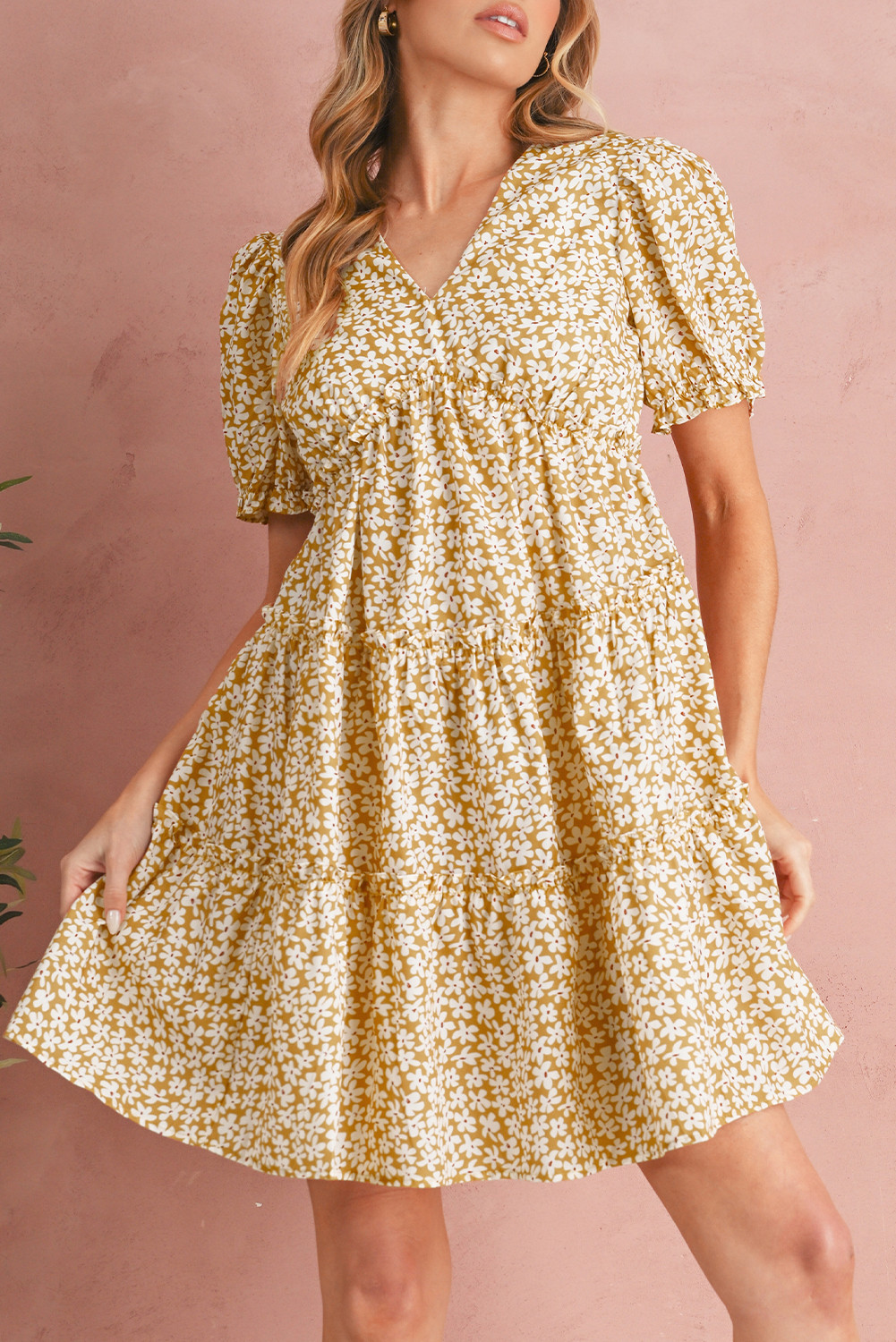 Yellow Floral Short Sleeve V Neck Frill Tiered Mini Dress