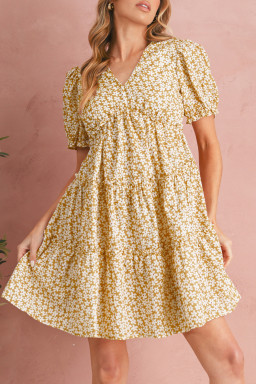 Yellow Floral Short Sleeve V Neck Frill Tiered Mini Dress