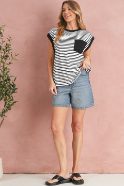 Black Stripe Chest Pocket Patch Round Neck Sleeveless Tee