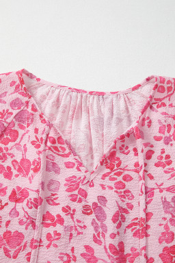 Pink Floral Puff Sleeve Split Neck Blouse