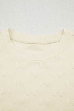 White Plain Bow Jacquard Ruffle Sleeve Shorts Set