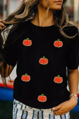 Black Chenille Pumpkin Patch Application Casual Cotton Blend T Shirt