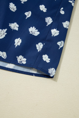 Blue Floral Print Pop of Color V Neck Patchwork Blouse