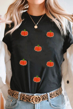 Black Chenille Pumpkin Patch Application Casual Cotton Blend T Shirt