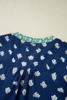 Blue Floral Print Pop of Color V Neck Patchwork Blouse