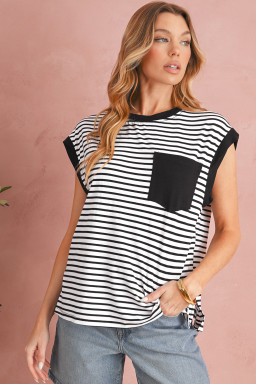 Black Stripe Chest Pocket Patch Round Neck Sleeveless Tee
