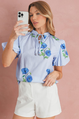 Sky Blue Floral Print Tie V-Neck Short Sleeve Blouse