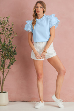 Beau Blue Layered Cap Sleeve Frill Neck Blouse