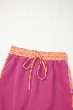 Rose Red Contrast Trim Loose Pullover and Lace-up Waist Shorts Set
