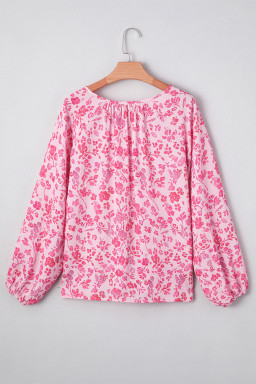 Pink Floral Puff Sleeve Split Neck Blouse
