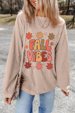 Apricot Twisted Rib FALL VIBE Heat Transfer Printing Graphic Baggy Sweatshirt