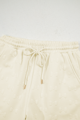 White Plain Bow Jacquard Ruffle Sleeve Shorts Set