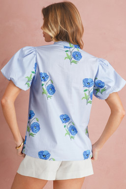 Sky Blue Floral Print Tie V-Neck Short Sleeve Blouse