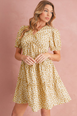 Yellow Floral Short Sleeve V Neck Frill Tiered Mini Dress