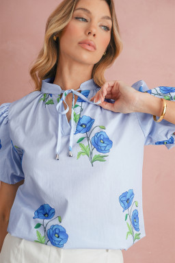 Sky Blue Floral Print Tie V-Neck Short Sleeve Blouse