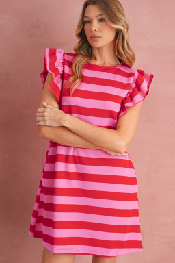 Red Stripe Flutter Sleeve Round Neck Shift Mini Dress