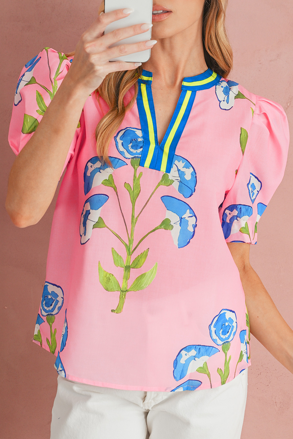 Pink Puff Sleeve Floral Pop of Color Neckline Blouse